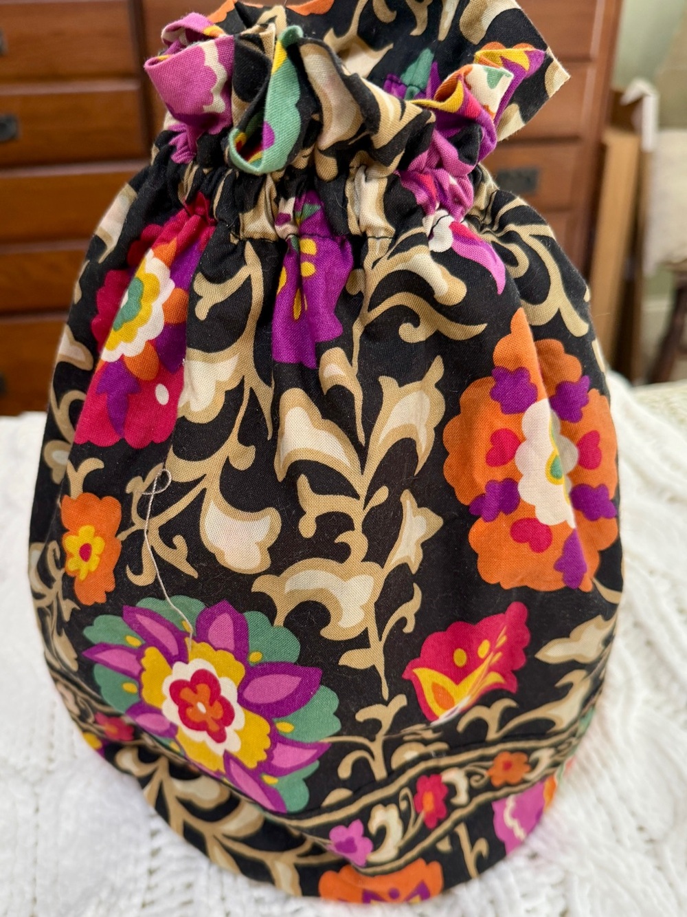 Vera Bradley Black Floral Drawstring Cosmetic Pouch with Multicolor Blooms
